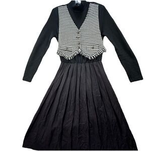 Vintage 90s Houndstooth Black White Vest Dress Size 8 Medium Retro Mod Old Money